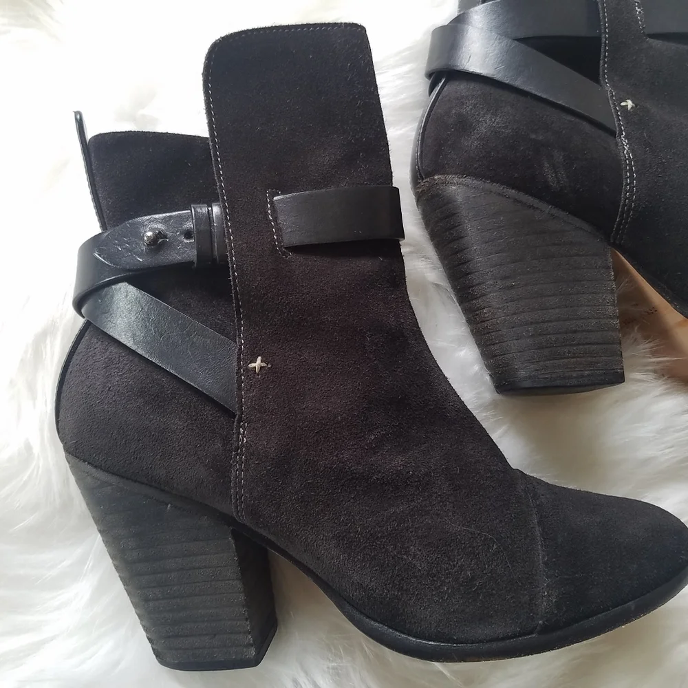 Rag & Bone Harrow Black Suede Leather Ankle Boots Chunky Stacked Heel sz38